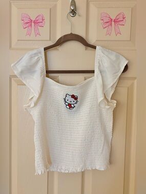 Hello Kitty Sanrio White Off The Shoulder Smocked Crop Top Size Large Cute NWOT